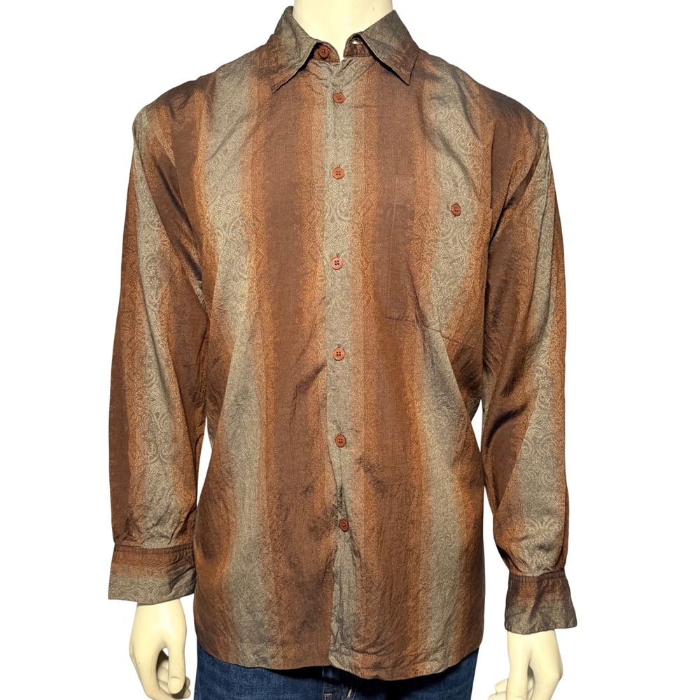 Stacy Adams Button Up Shirt Mens Large Brown Paisley Silk Cotton Ombre Excellent